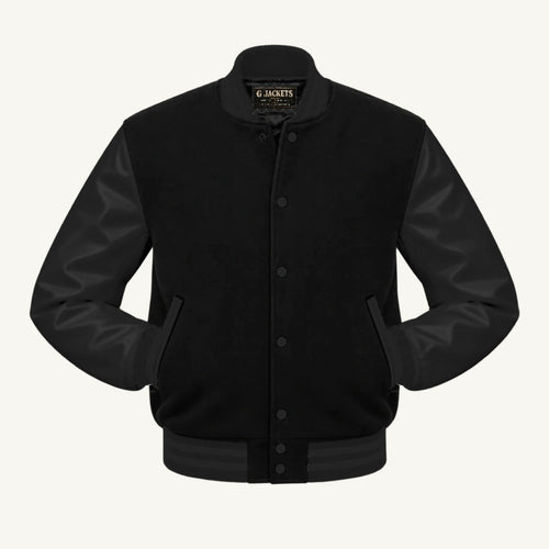 G Jackets Classic Wool & Genuine Leather Varsity Jacket, Solid Black, front view