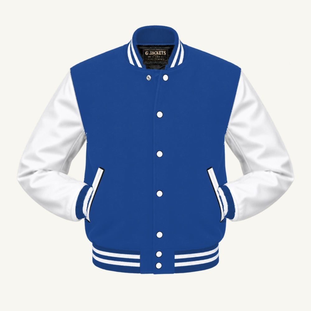 G Jackets Classic Wool & Genuine Leather Varsity Jacket, Royal Blue/White, front view