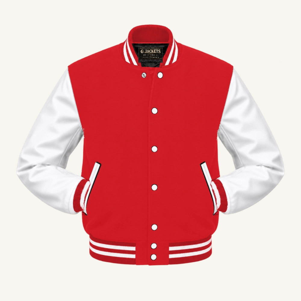 G Jackets Classic Wool & Genuine Leather Varsity Jacket, Red/White, front view