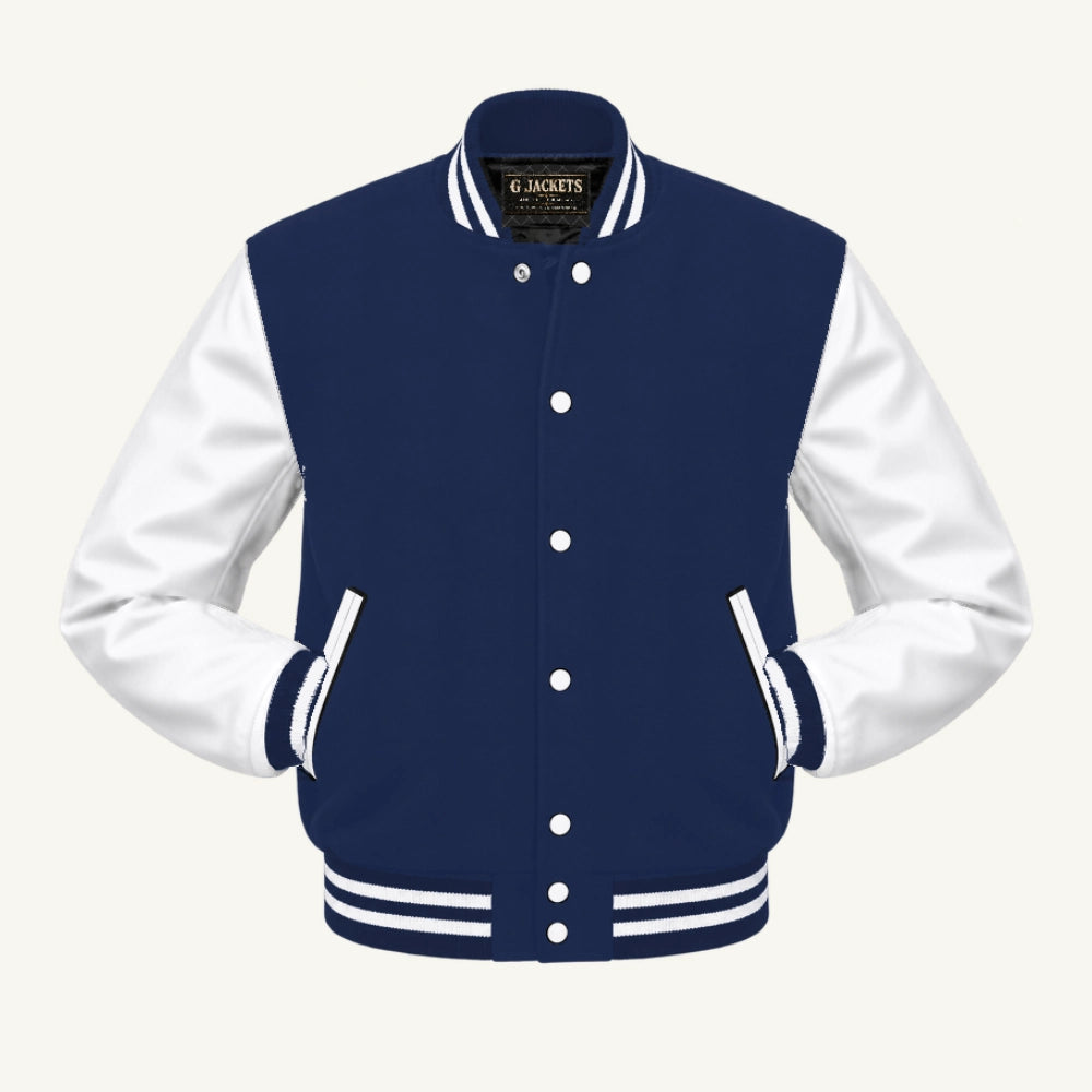 G Jackets Classic Wool & Genuine Leather Varsity Jacket, Navy Blue/White, front view