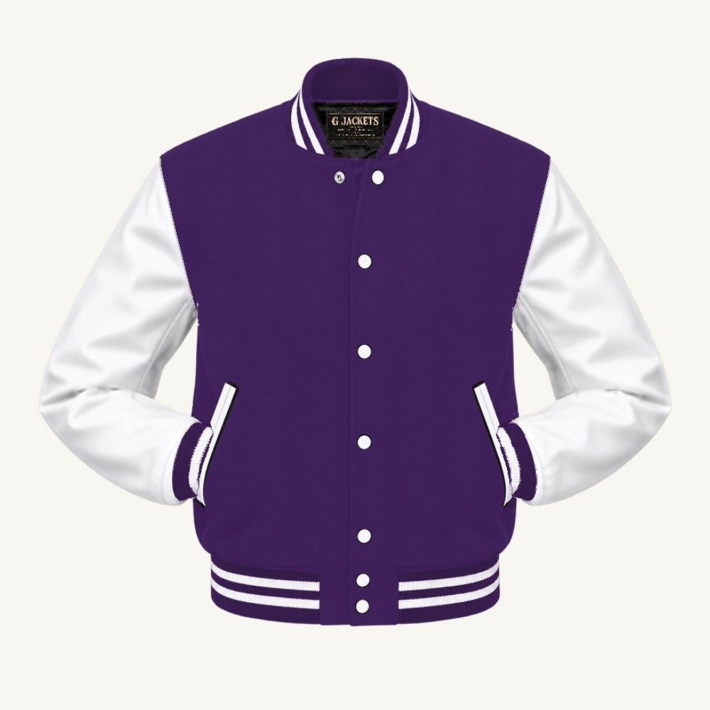 G Jackets Classic Wool & Genuine Leather Varsity Jacket, Purple/White, front view