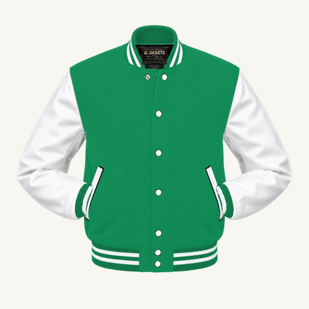 G Jackets Classic Wool & Genuine Leather Varsity Jacket, Kelly Green/White, front view