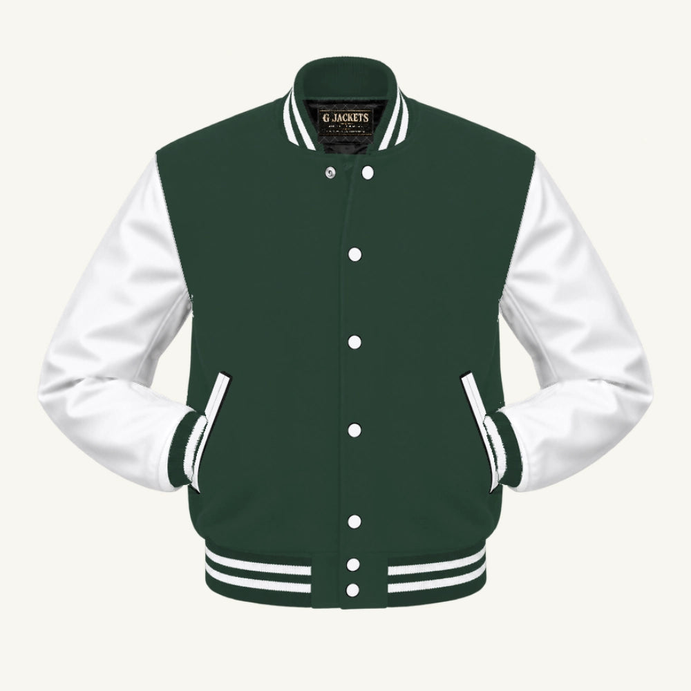 G Jackets Classic Wool & Genuine Leather Varsity Jacket, Forest Green/White, front view