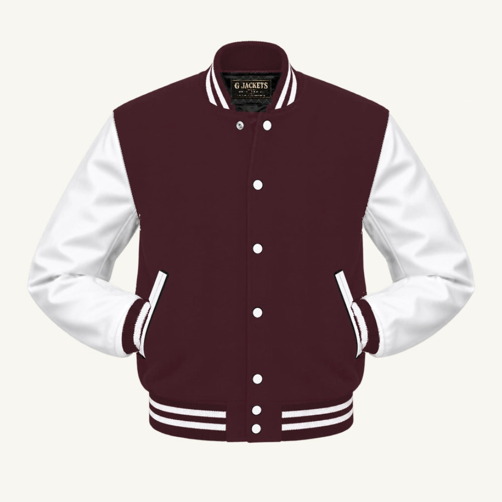 G Jackets Classic Wool & Genuine Leather Varsity Jacket, Maroon/White, front view
