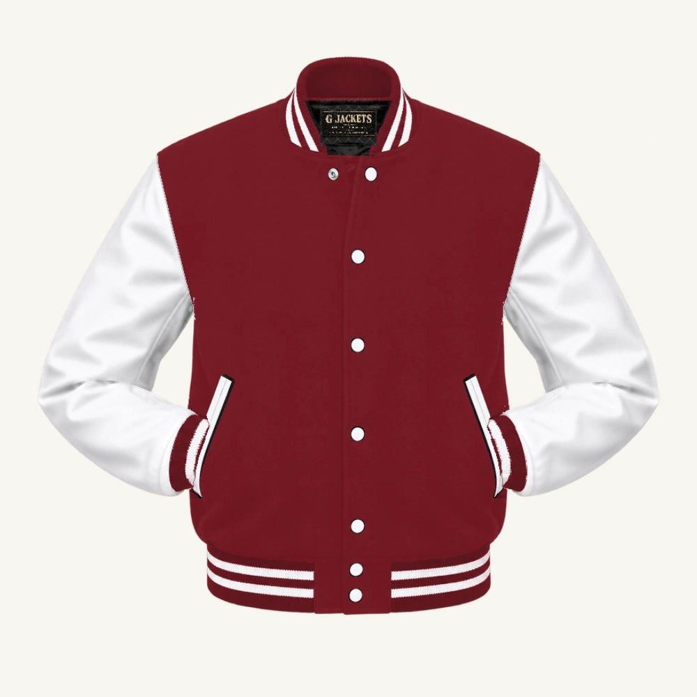 G Jackets Classic Wool & Genuine Leather Varsity Jacket, Cardinal/White, front view