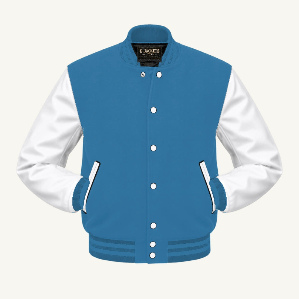 G Jackets Classic Wool & Genuine Leather Varsity Jacket, Light Blue/White - Columbia Blue Trim, front view
