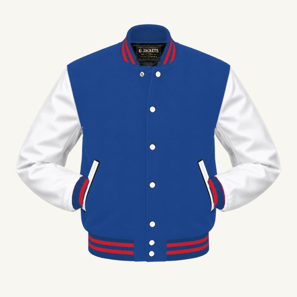 G Jackets Classic Wool & Genuine Leather Varsity Jacket, Royal Blue/White - Red Trim, front view