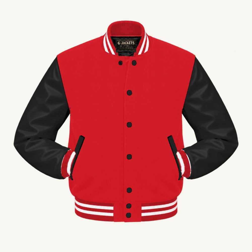 G Jackets Classic Wool & Genuine Leather Varsity Jacket, Red/Black - White Trim, front view