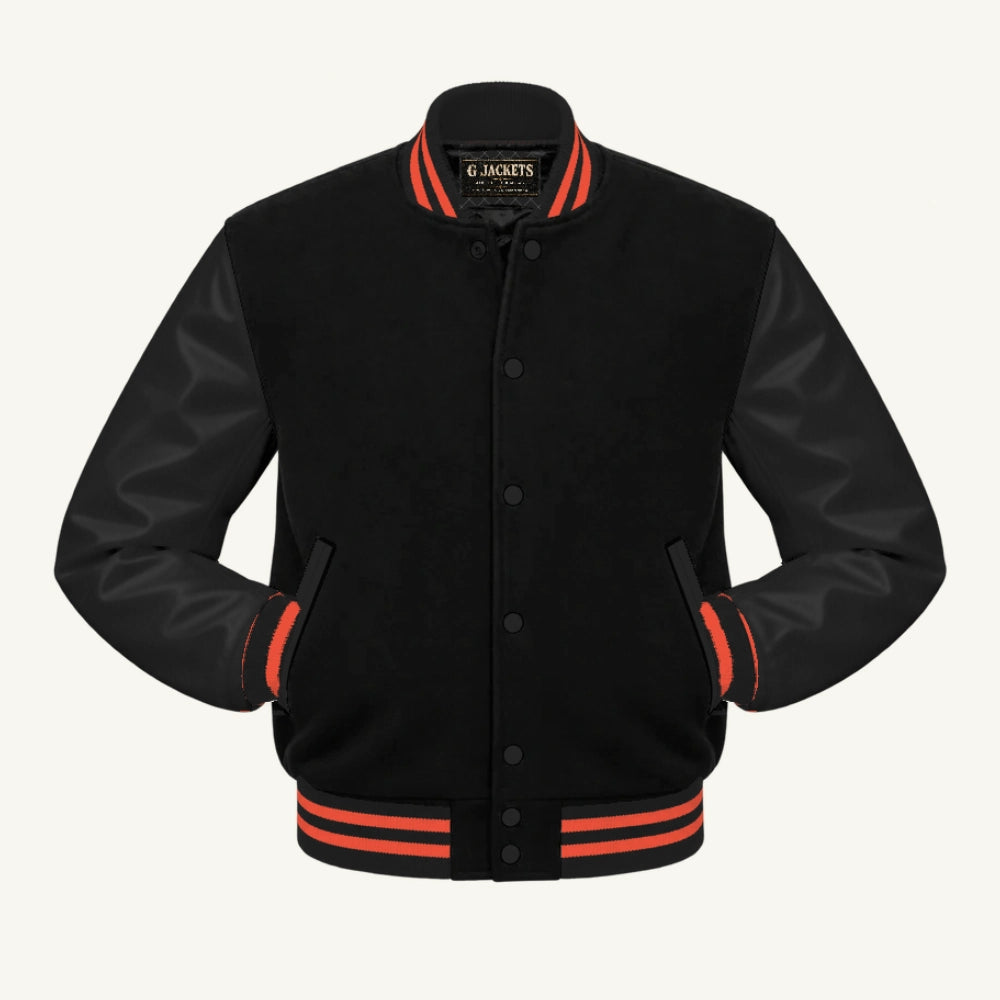G Jackets Classic Wool & Genuine Leather Varsity Jacket, Black/Black - Orange Trim, front view