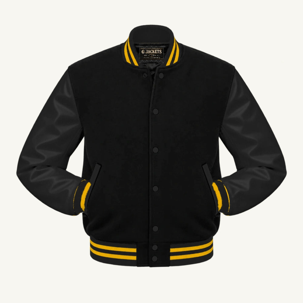 G Jackets Classic Wool & Genuine Leather Varsity Jacket, Black/Black - Gold Trim, front view
