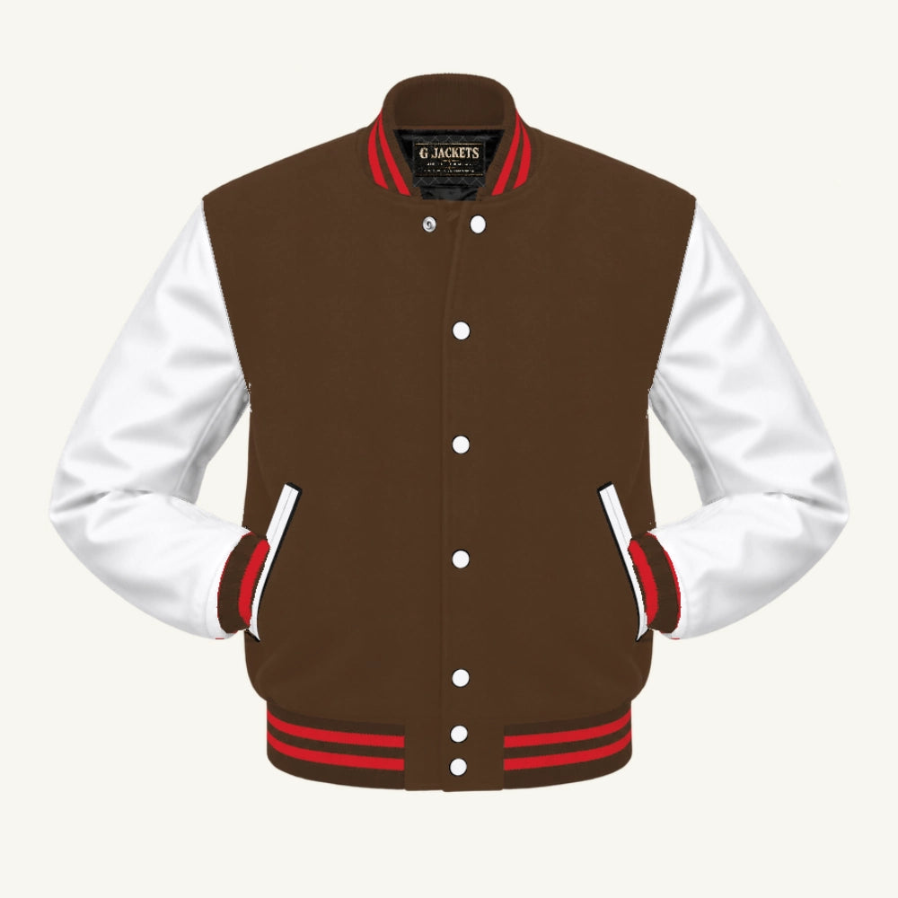 G Jackets Classic Wool & Genuine Leather Varsity Jacket, Brown/White - Red Trim, front view