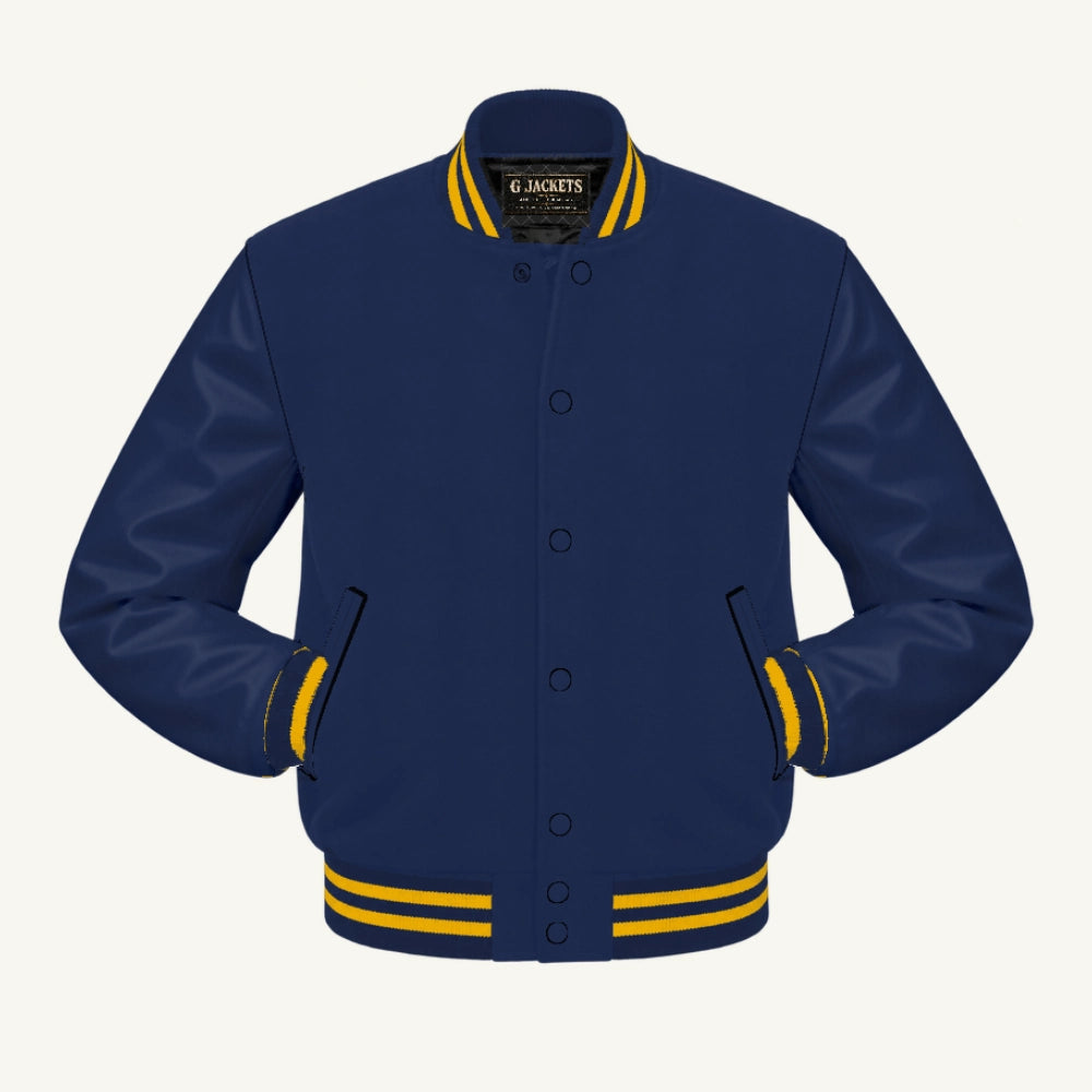 G Jackets Classic Wool & Genuine Leather Varsity Jacket, Navy Blue/Navy Blue - Gold Trim, front view