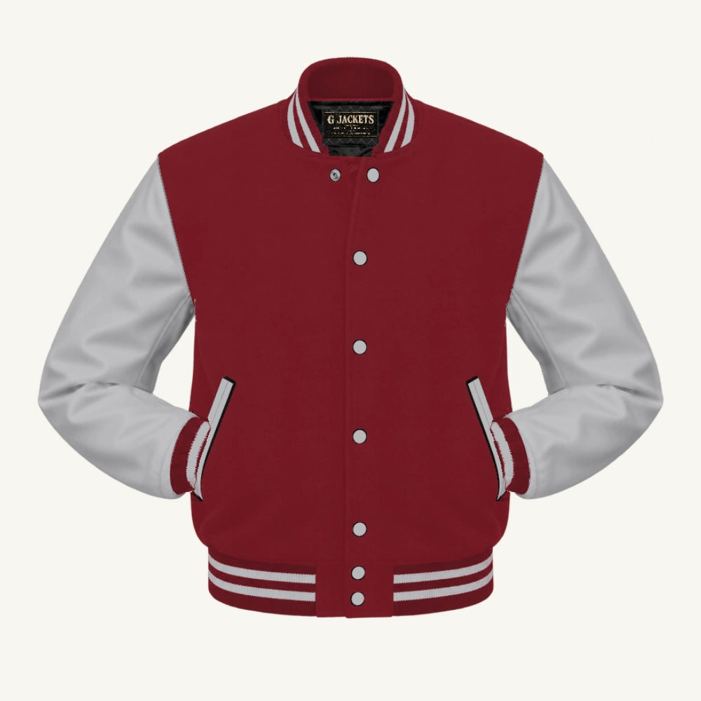 G Jackets Classic Wool & Genuine Leather Varsity Jacket, Cardinal/Grey, front view