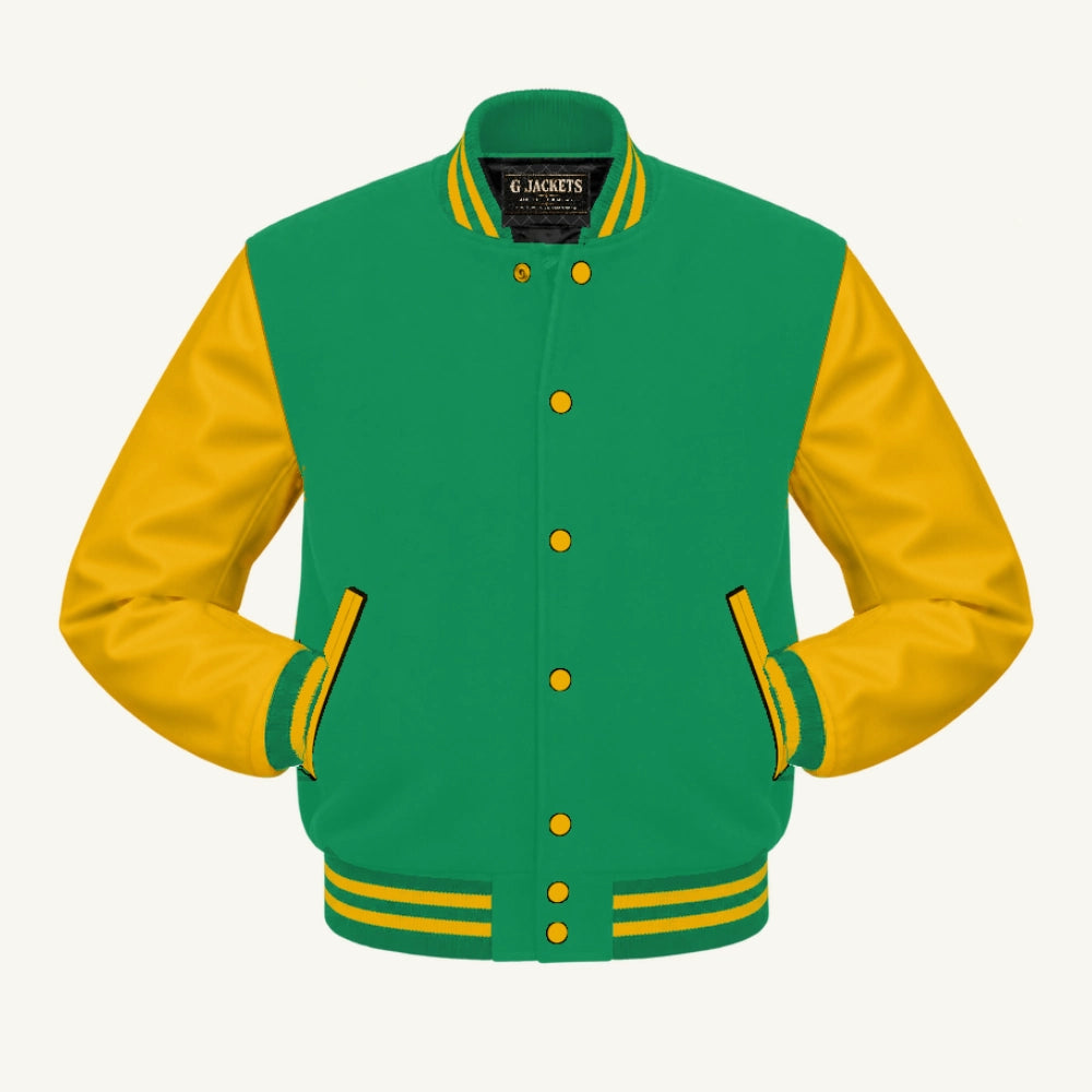 G Jackets Classic Wool & Genuine Leather Varsity Jacket, Kelly Green/Gold, front view