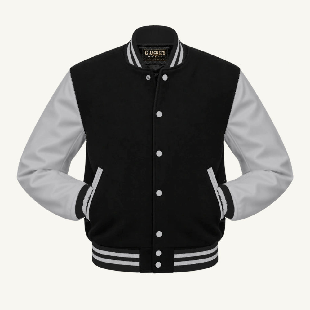 G Jackets Classic Wool & Genuine Leather Varsity Jacket, Black/Grey, front view