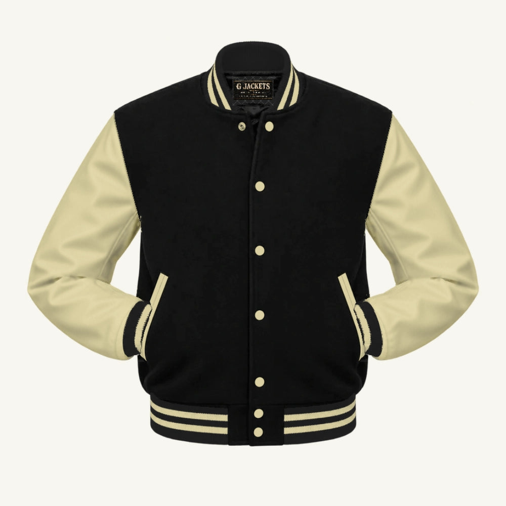 G Jackets Classic Wool & Genuine Leather Varsity Jacket, Black/Natural - Cream Trim, front view