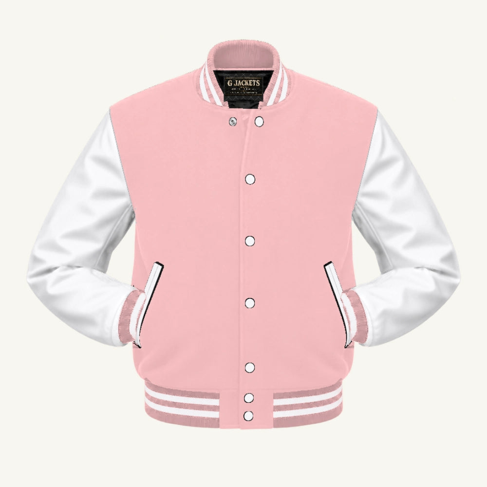 G Jackets Classic Wool & Genuine Leather Varsity Jacket, Pink/White, front view