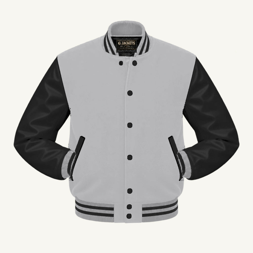 G Jackets Classic Wool & Genuine Leather Varsity Jacket, Grey/Black, front view