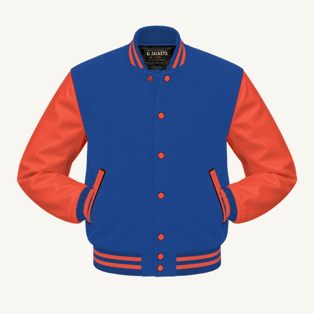 G Jackets Classic Wool & Genuine Leather Varsity Jacket, Royal Blue/Orange, front view