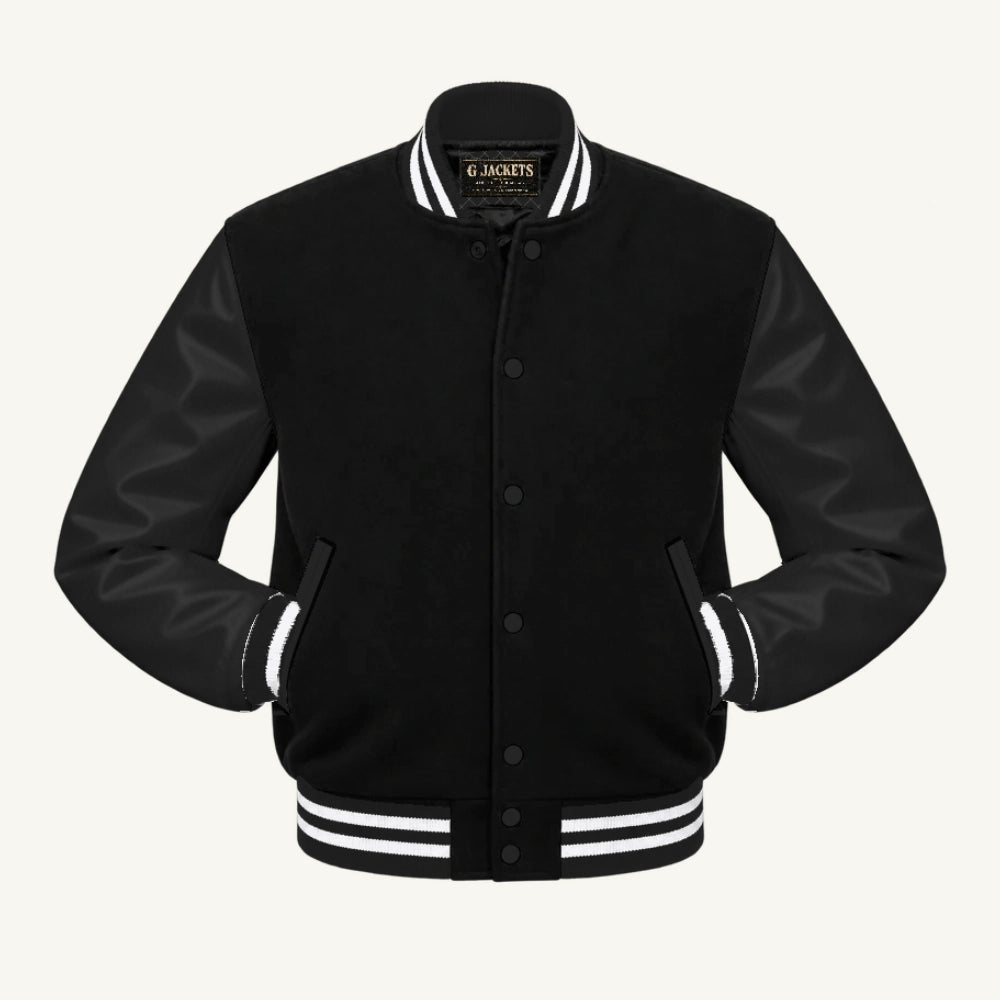 G Jackets Classic Wool & Genuine Leather Varsity Jacket, Black/Black - White Trim, front view