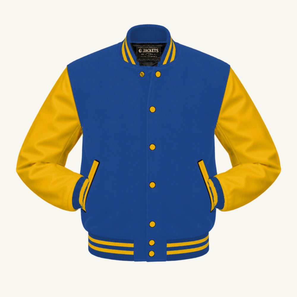 G Jackets Classic Wool & Genuine Leather Varsity Jacket, Royal Blue/Gold, front view