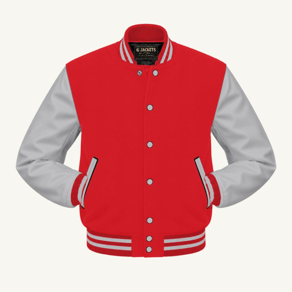 G Jackets Classic Wool & Genuine Leather Varsity Jacket, Red/Grey, front view