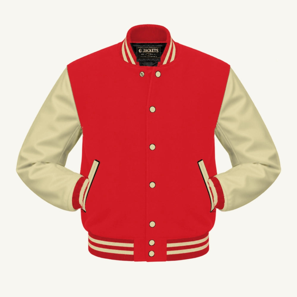 G Jackets Classic Wool & Genuine Leather Varsity Jacket, Red/Natural - Cream Trim, front view