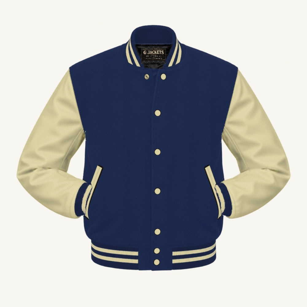 G Jackets Classic Wool & Genuine Leather Varsity Jacket, Navy Blue/Natural, front view