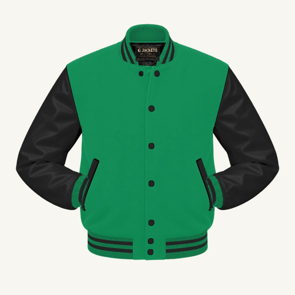G Jackets Classic Wool & Genuine Leather Varsity Jacket, Kelly Green/Black, front view
