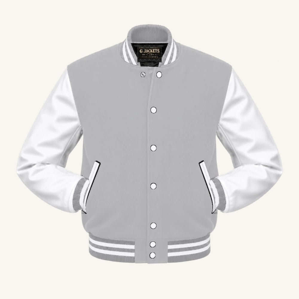 G Jackets Classic Wool & Genuine Leather Varsity Jacket, Grey/White, front view