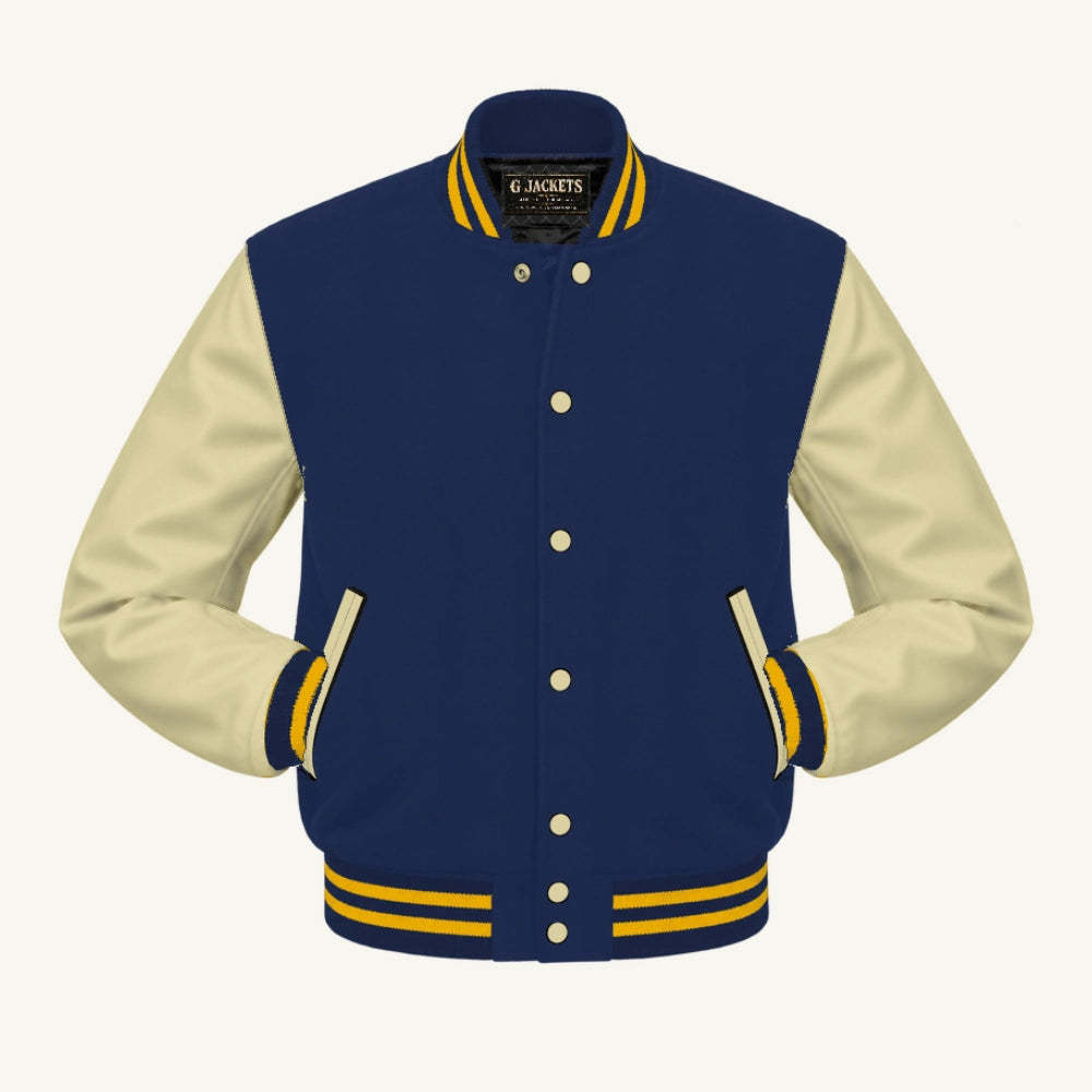 G Jackets Classic Wool & Genuine Leather Varsity Jacket, Navy Blue/Natural - Gold Trim, front view