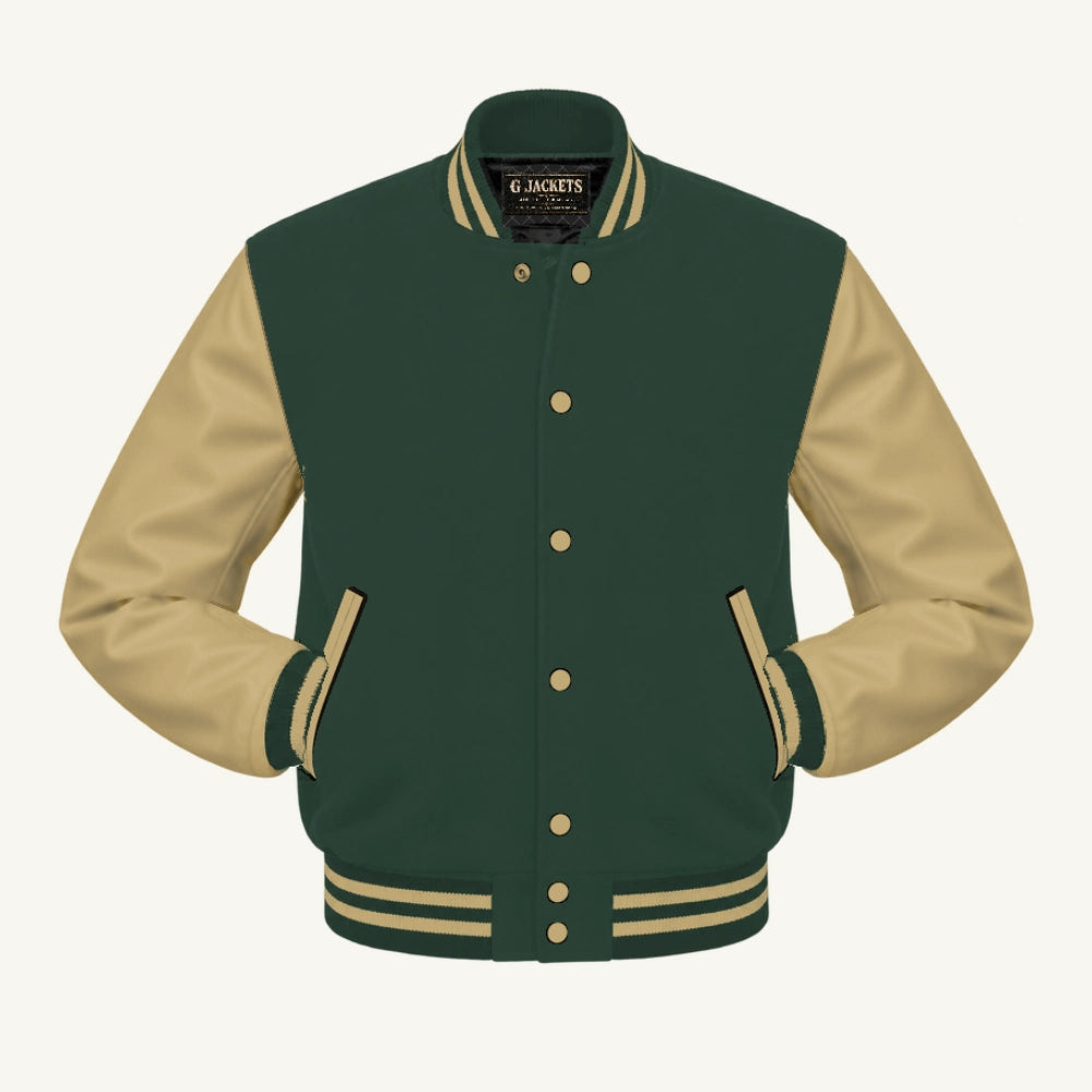 G Jackets Classic Wool & Genuine Leather Varsity Jacket, Forest Green/Tan, front view