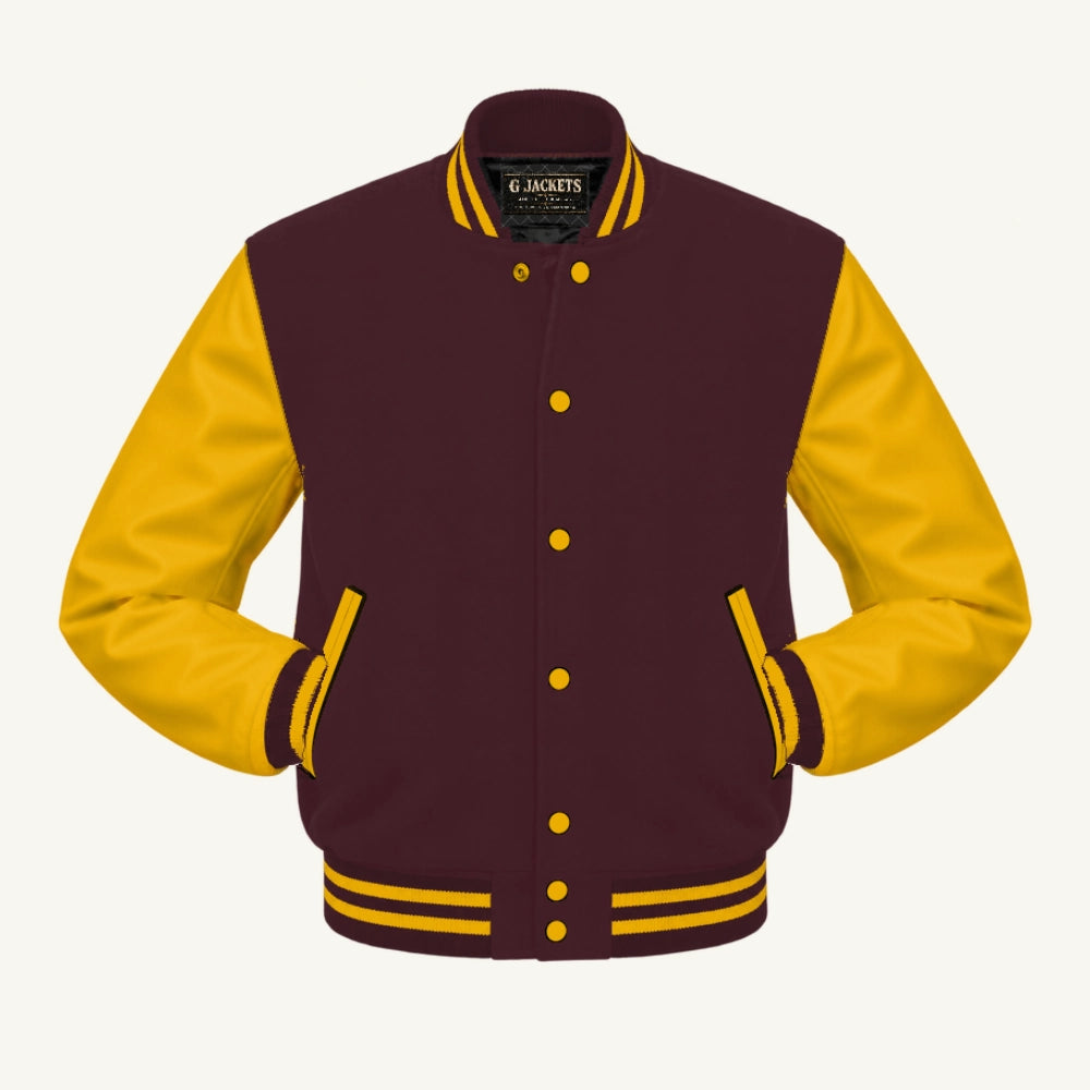 G Jackets Classic Wool & Genuine Leather Varsity Jacket, Maroon/Gold, front view