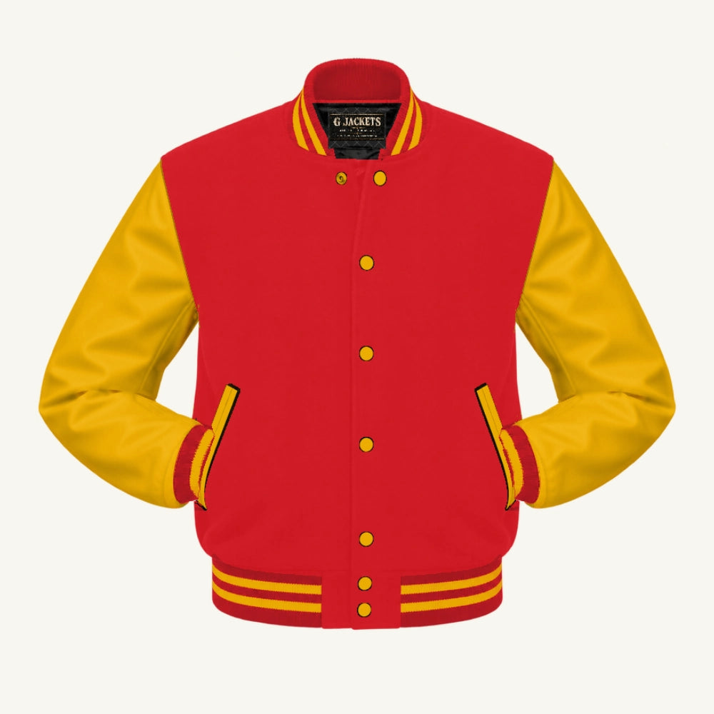 G Jackets Classic Wool & Genuine Leather Varsity Jacket, Red/Gold, front view