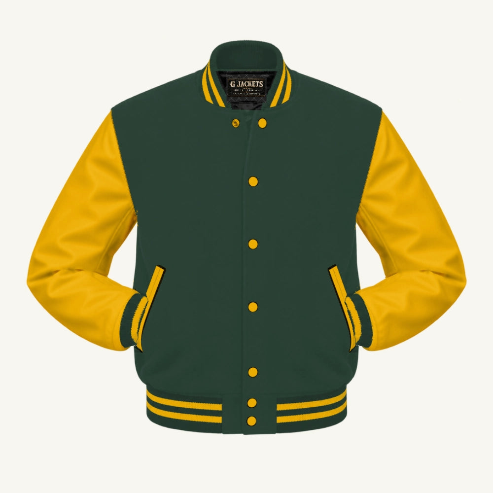 G Jackets Classic Wool & Genuine Leather Varsity Jacket, Forest Green/Gold, front view