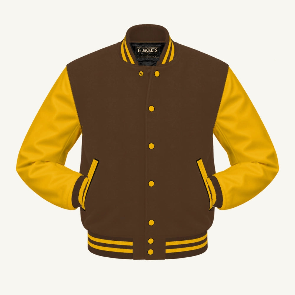 G Jackets Classic Wool & Genuine Leather Varsity Jacket, Brown/Gold, front view