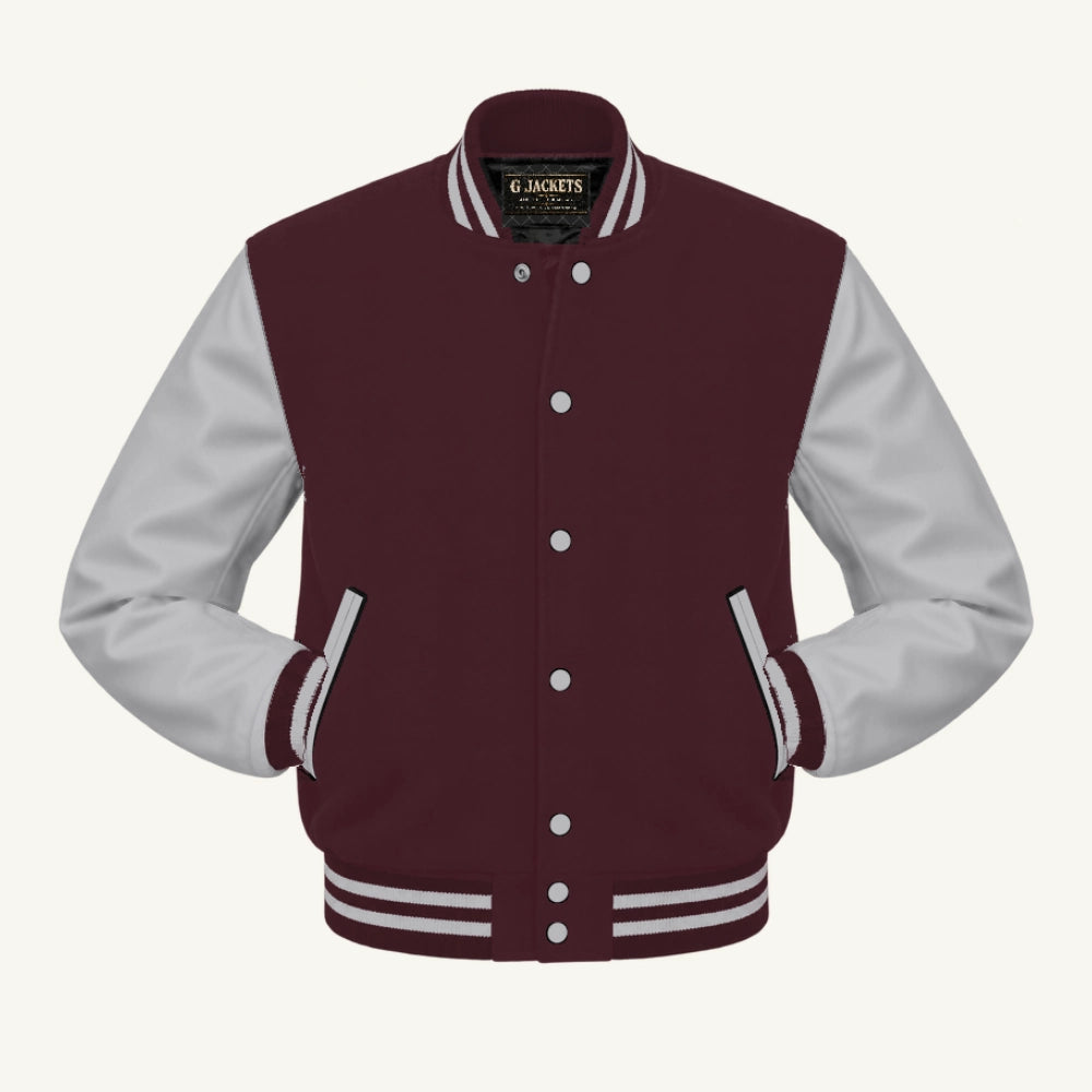 G Jackets Classic Wool & Genuine Leather Varsity Jacket, Maroon/Grey, front view