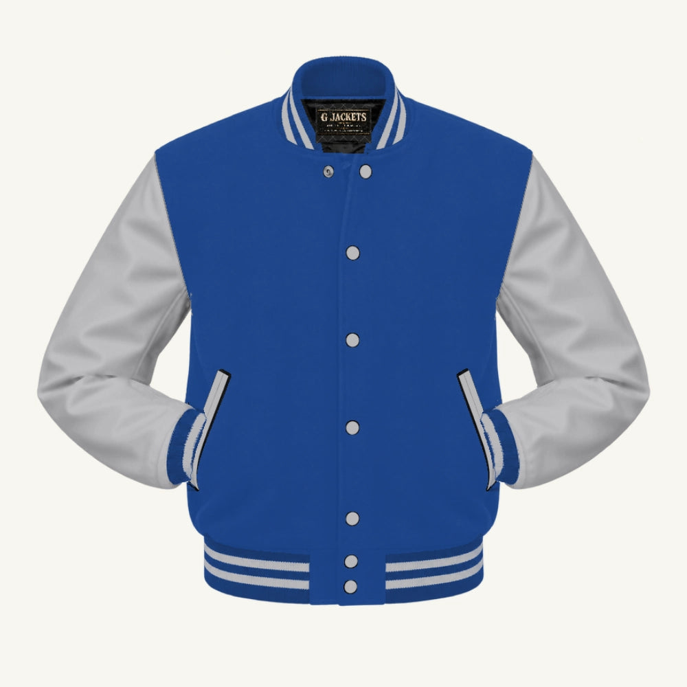 G Jackets Classic Wool & Genuine Leather Varsity Jacket, Royal Blue/Grey, front view
