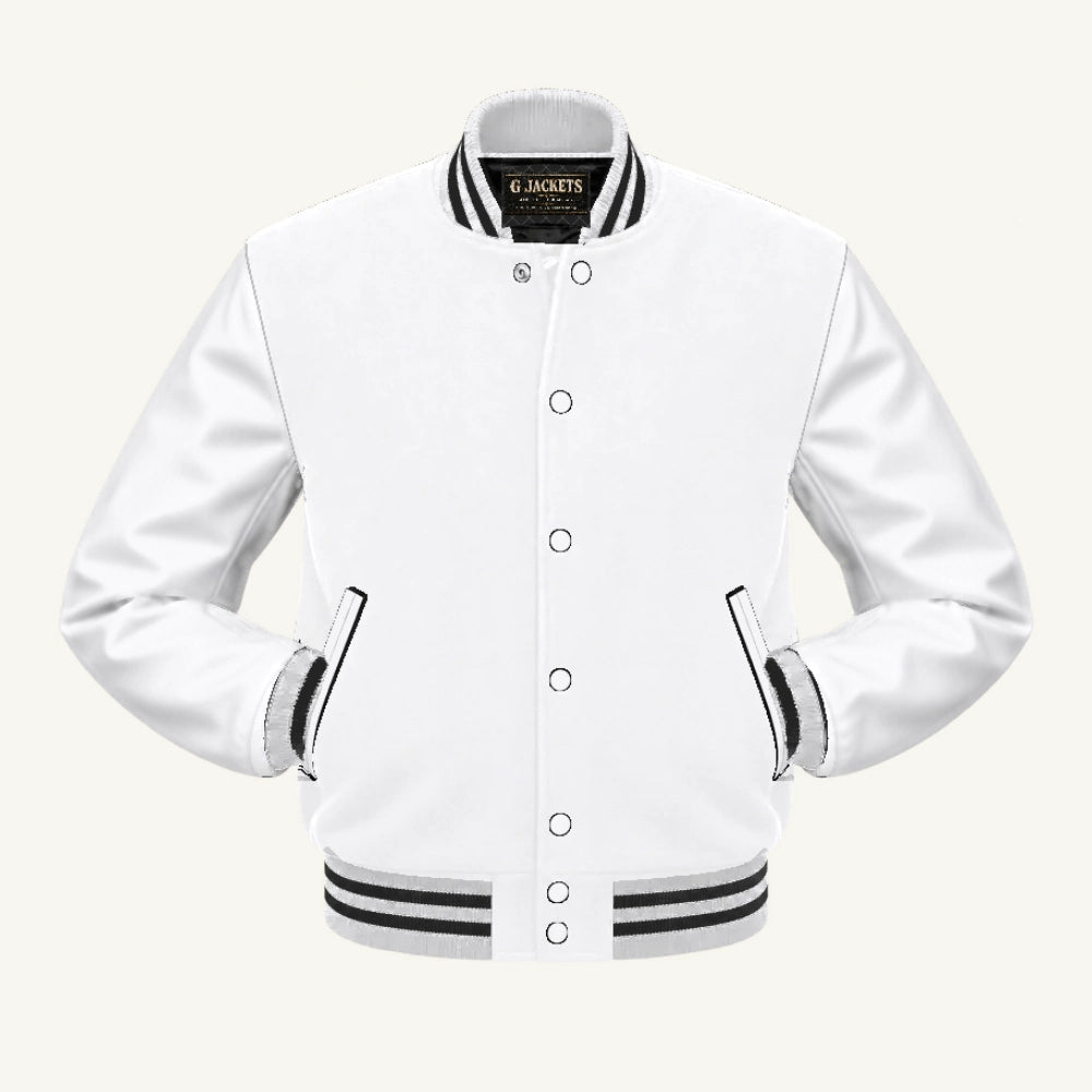 G Jackets Classic Wool & Genuine Leather Varsity Jacket, White/White - Black Trim, front view