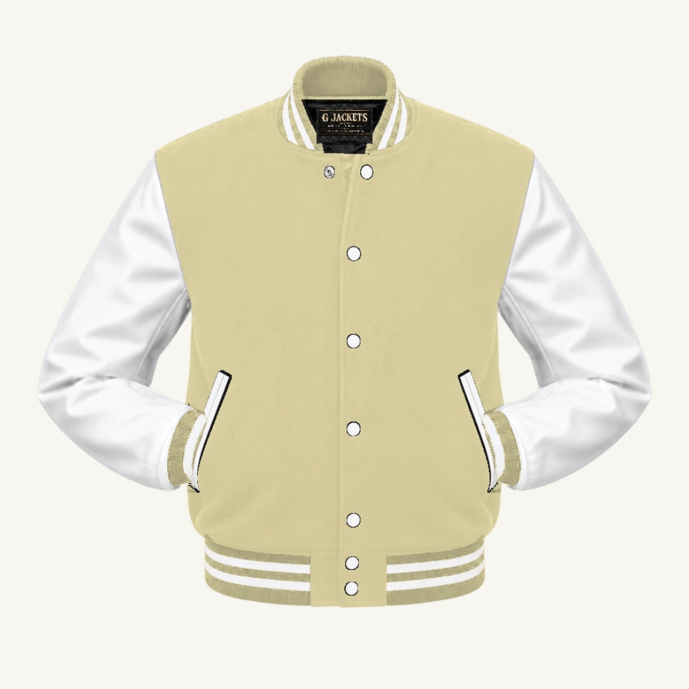 G Jackets Classic Wool & Genuine Leather Varsity Jacket, Cream Natural/White, front view
