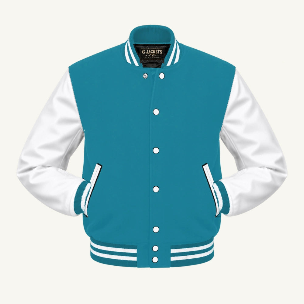 G Jackets Classic Wool & Genuine Leather Varsity Jacket, Teal Blue/White, front view