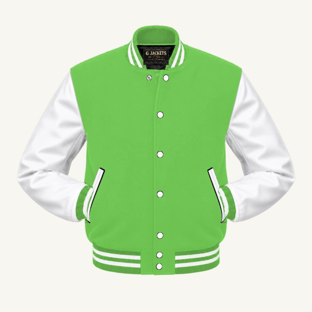 G Jackets Classic Wool & Genuine Leather Varsity Jacket, Lime Green/White, front view