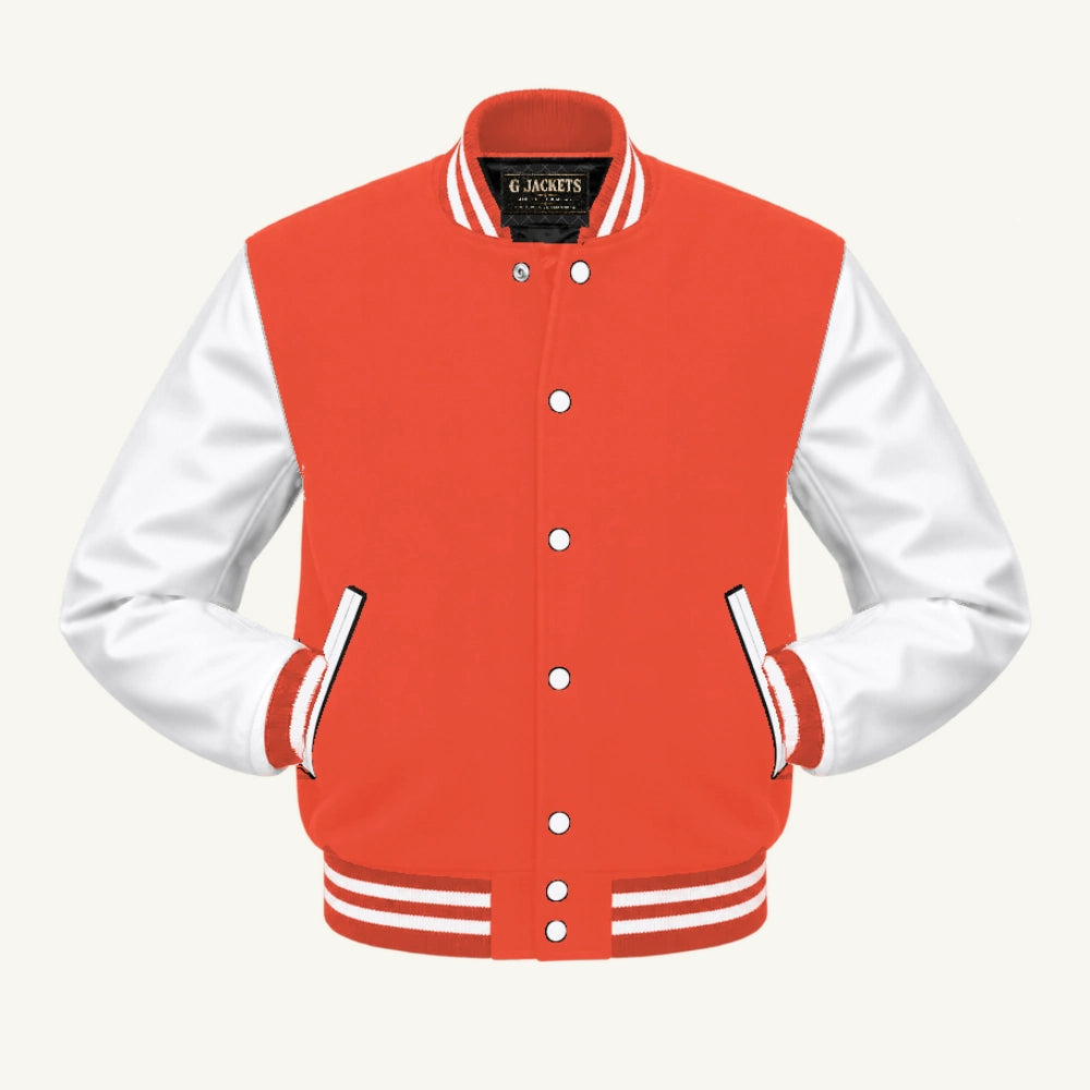 G Jackets Classic Wool & Genuine Leather Varsity Jacket, Orange/White, front view