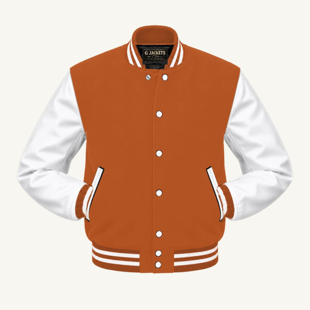 G Jackets Classic Wool & Genuine Leather Varsity Jacket, Texas Orange/White, front view