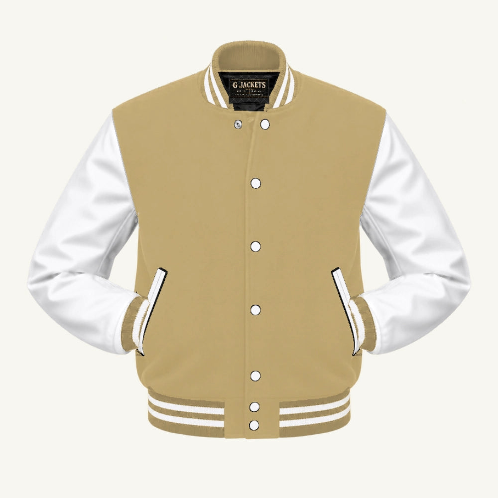 G Jackets Classic Wool & Genuine Leather Varsity Jacket, Tan/White, front view