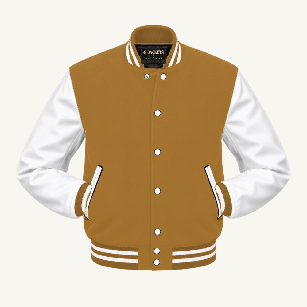 G Jackets Classic Wool & Genuine Leather Varsity Jacket, Old Gold/White, front view