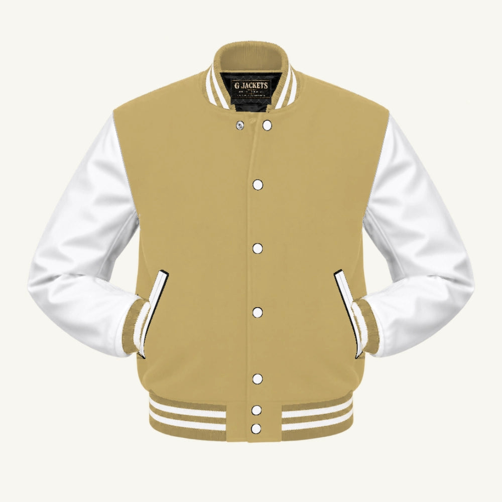 G Jackets Classic Wool & Genuine Leather Varsity Jacket, Vegas Gold/White, front view