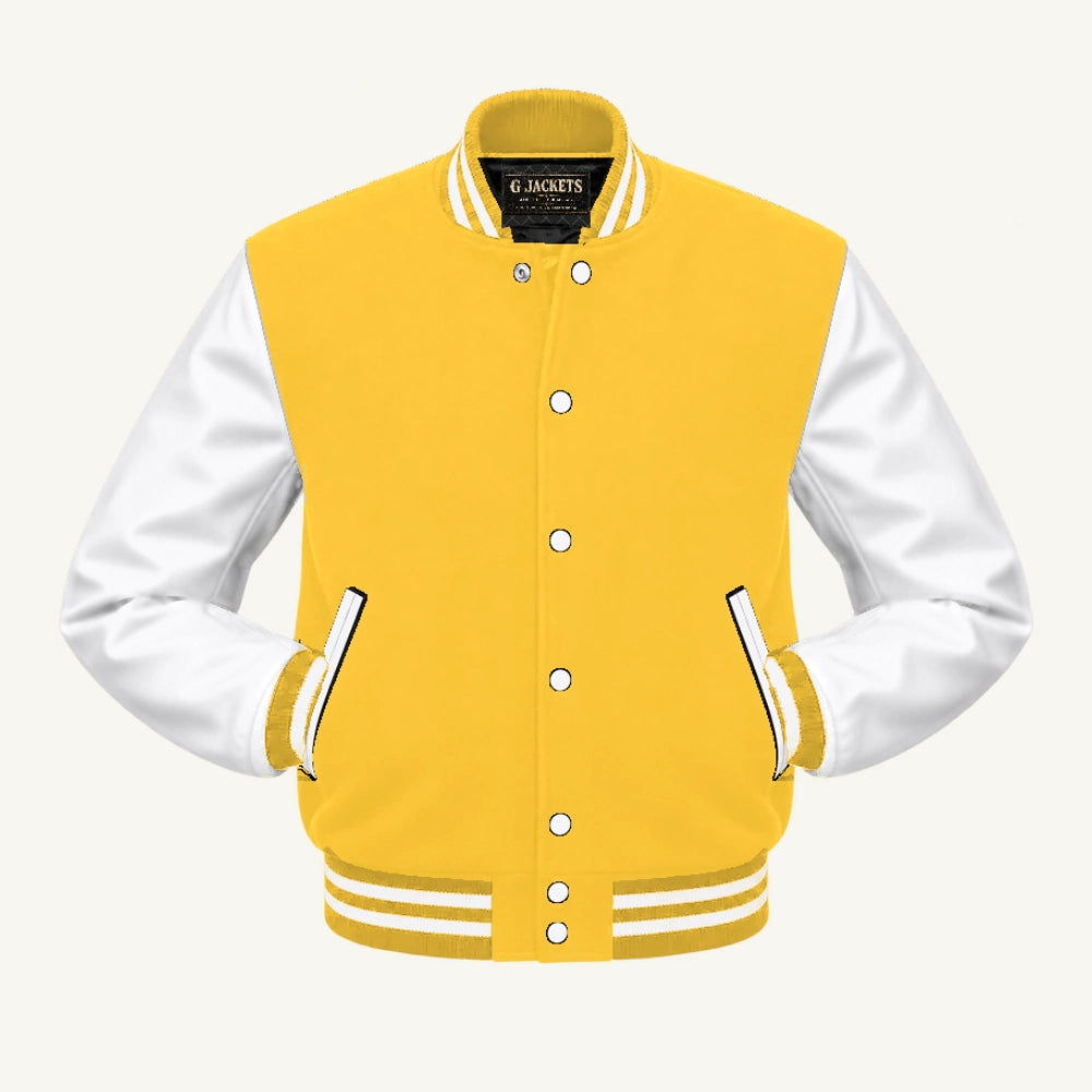 G Jackets Classic Wool & Genuine Leather Varsity Jacket, Yellow/White, front view