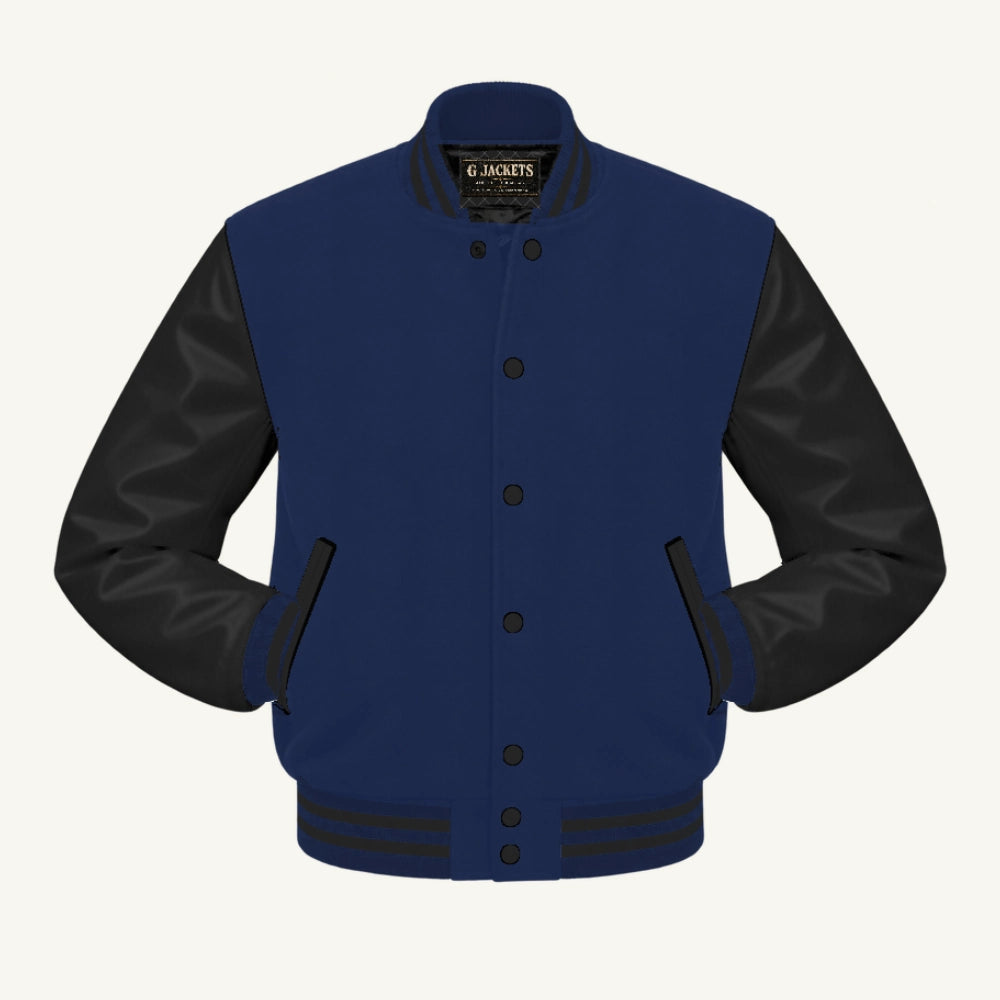 G Jackets Classic Wool & Genuine Leather Varsity Jacket, Navy Blue/Black, front view