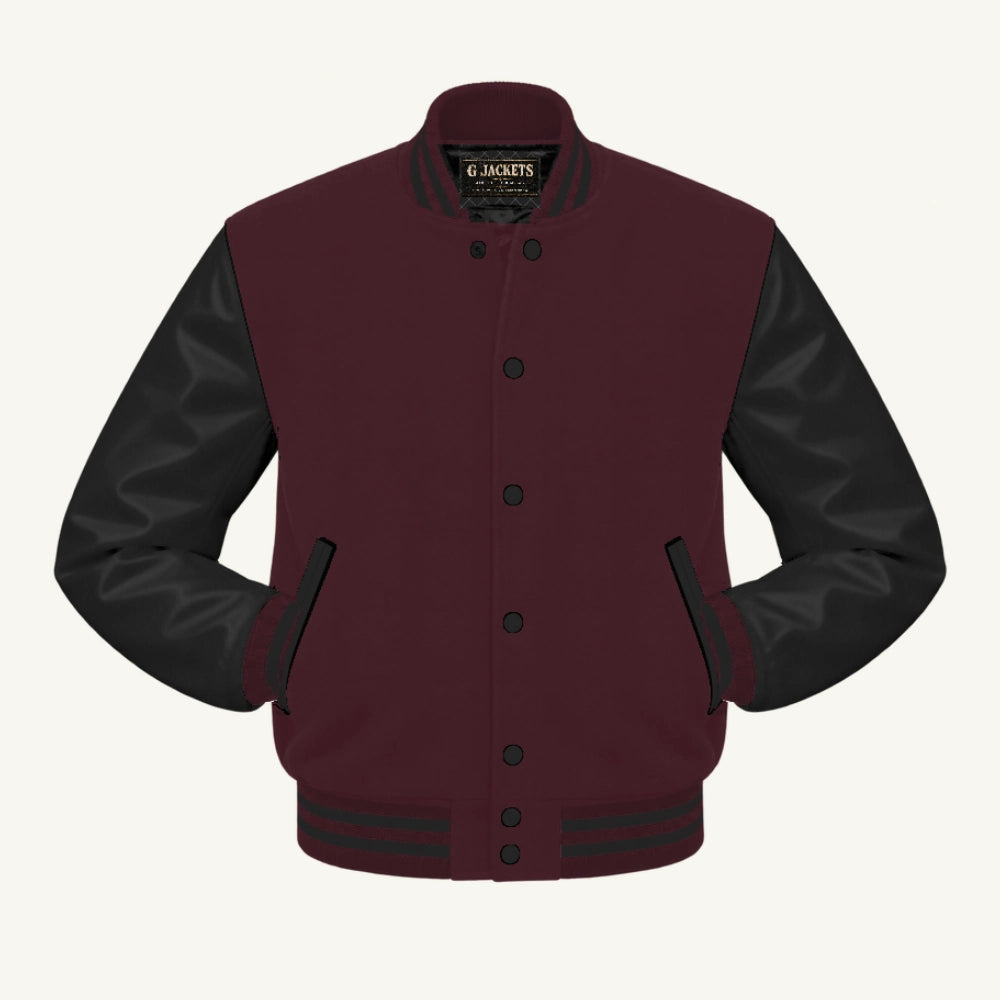 G Jackets Classic Wool & Genuine Leather Varsity Jacket, Maroon/Black, front view